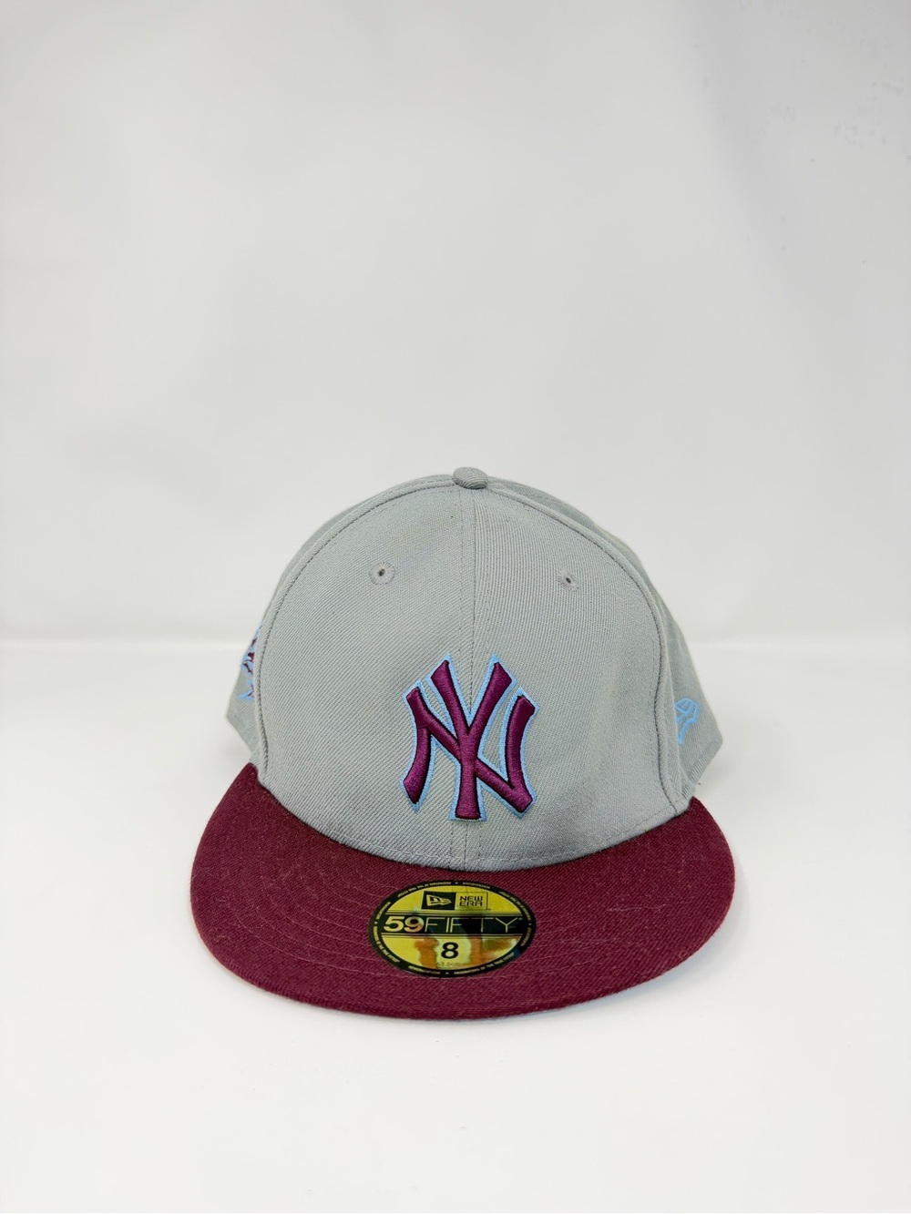 New Era Kids Gray Cap with Burgundy Visor and Purple-Pink NY Logo
